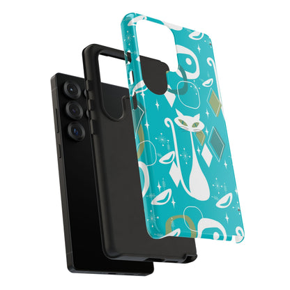 Atomic Cat Space Designs, Mid Century Modern, Aqua, White Kitschy Cat Tough Phone Case