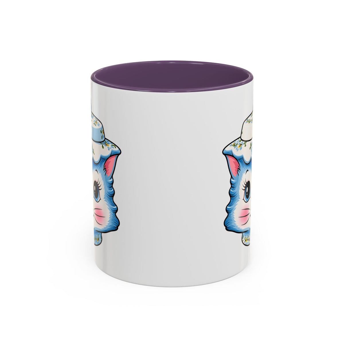 Mid Century Modern Kitschy Anthropomorphic Blue Cat with Floral Hat Accent Coffee Mug - Mid Century Modern Gal