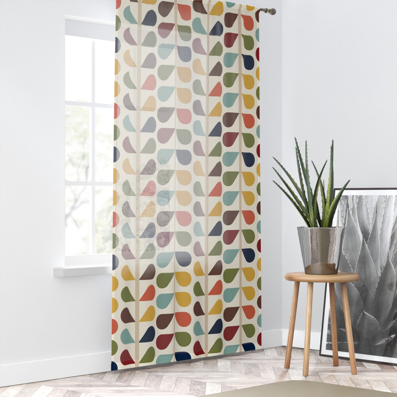 Modern Danish, Scandinavian Flower Design, Minimalist, Mid Century Modern Custom Curtains, Green, Yellow, Orange, Aqua Blue, Retro Mod Sheer Curtain - Mid Century Modern Gal