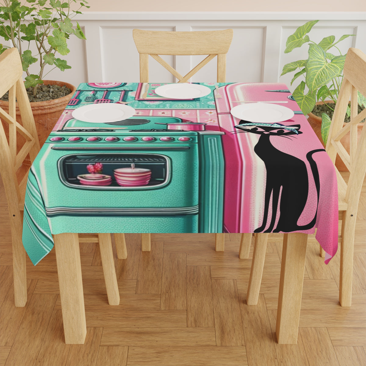 Retro Kitchen Tablecloth - Vintage Home Decor, Bohemian Style, Cat Lover Gift, Kitchen Party Decoration, Colorful Table Cover - Mid Century Modern Gal