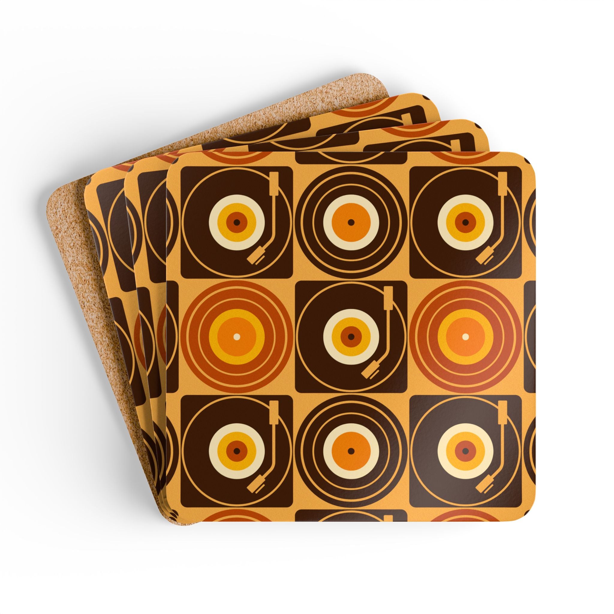 Groovy Retro Record Players, Brown Orange Yellow, Corkwood Coaster Set - Mid Century Modern Gal