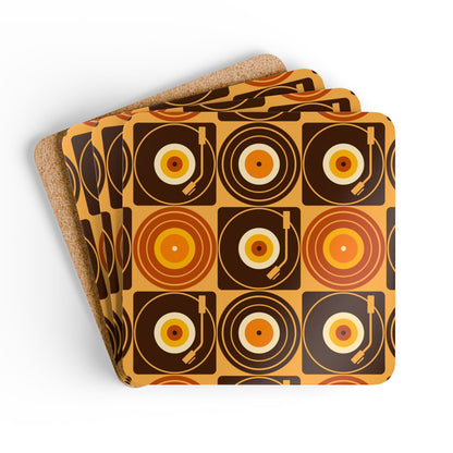 Groovy Retro Record Players, Brown Orange Yellow, Corkwood Coaster Set - Mid Century Modern Gal