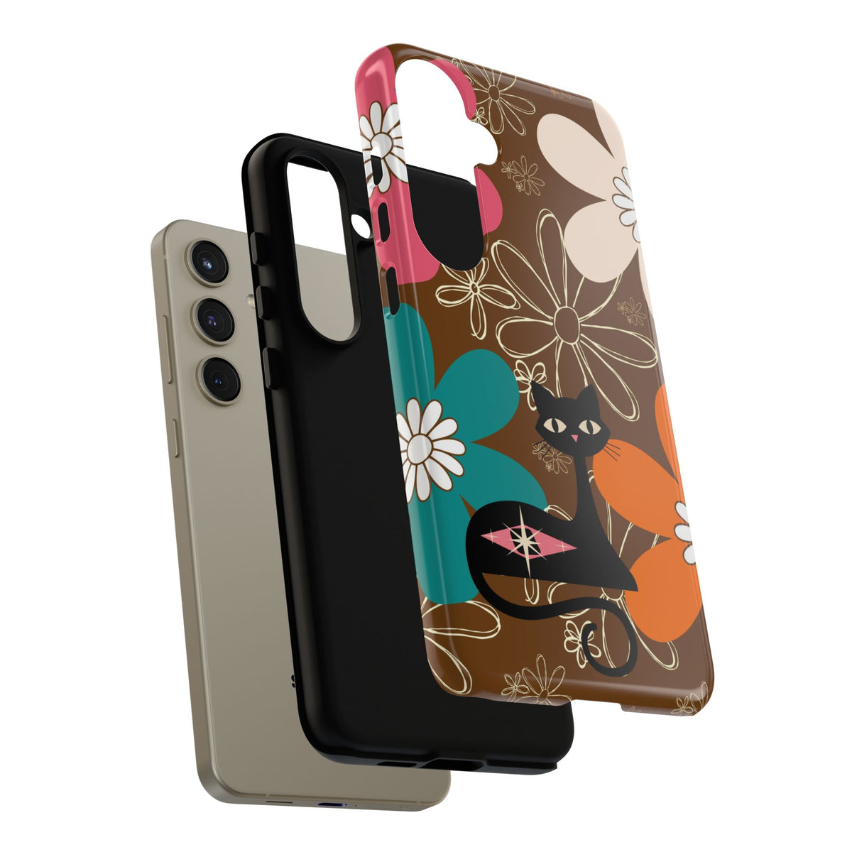 Atomic Cat Retro 70s Vibe Flower Power Tough Cases: Cute Floral and Cat Phone Case for Cat Lovers