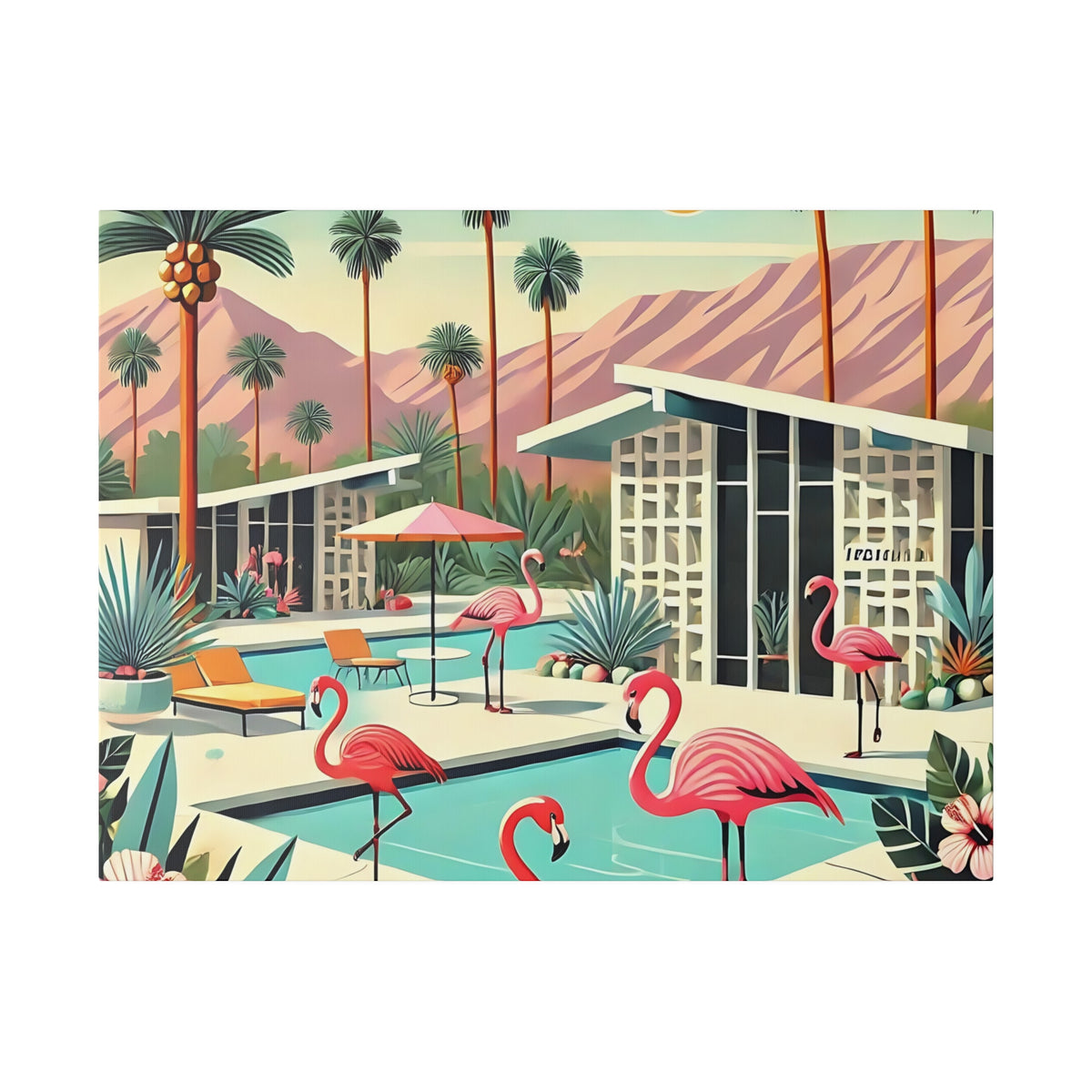 Mid-century modern wall art featuring pink flamingos by a pool with Palm Springs architecture and mountain backdrop.
