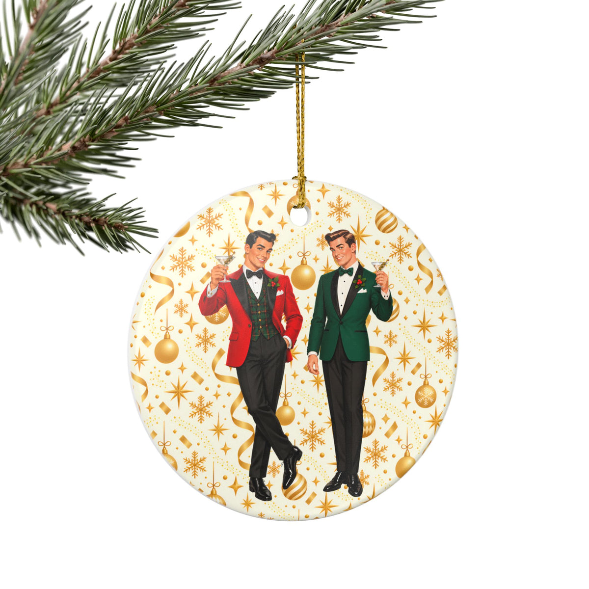 Mid Century Modern Christmas Martini Dapper Gay Male Couple Ceramic Christmas Tree Ornament