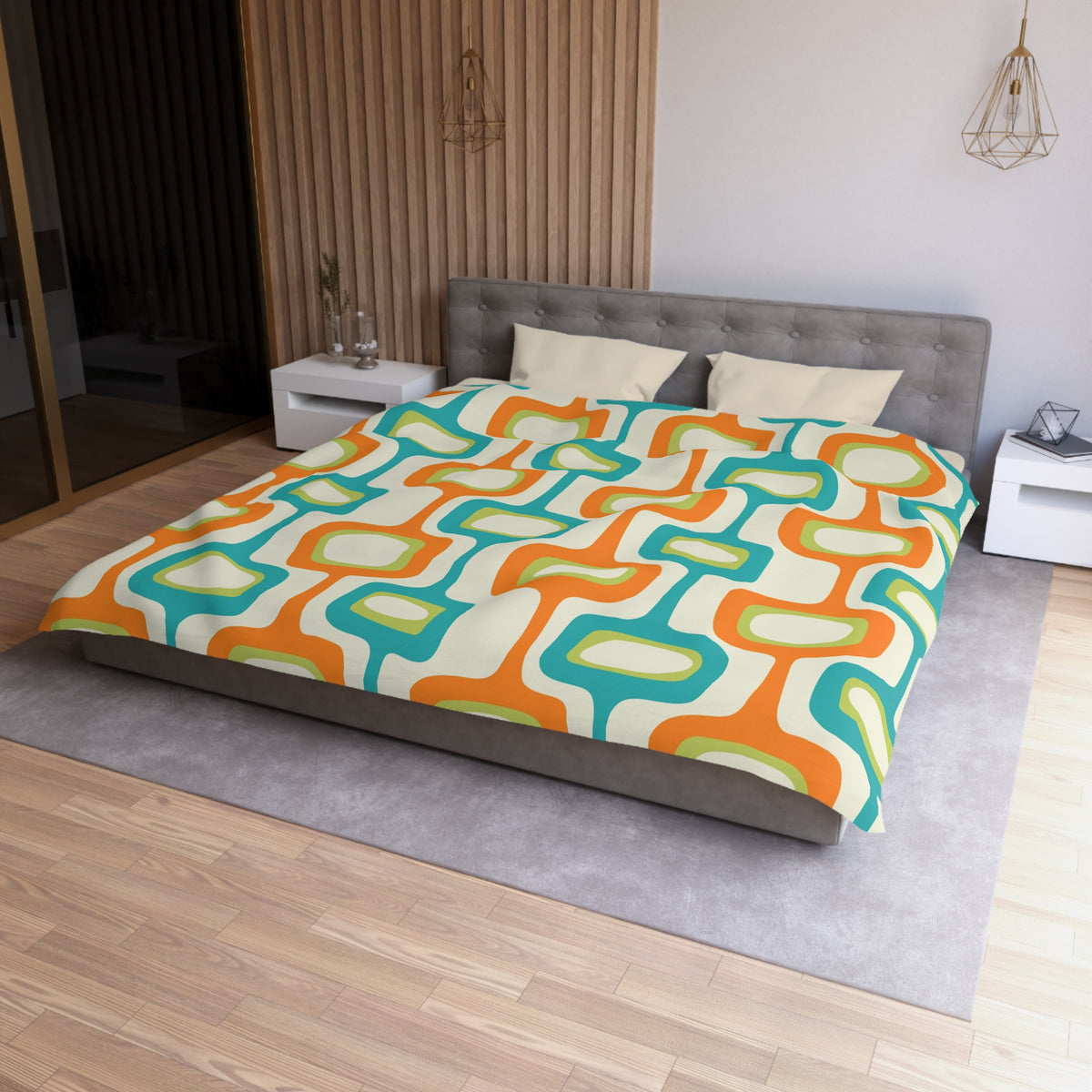 Mid Mod, MCM Teal, Orange, Cream Retro Groovy, Funky Fun Mid Century Modern Duvet Cover - Mid Century Modern Gal