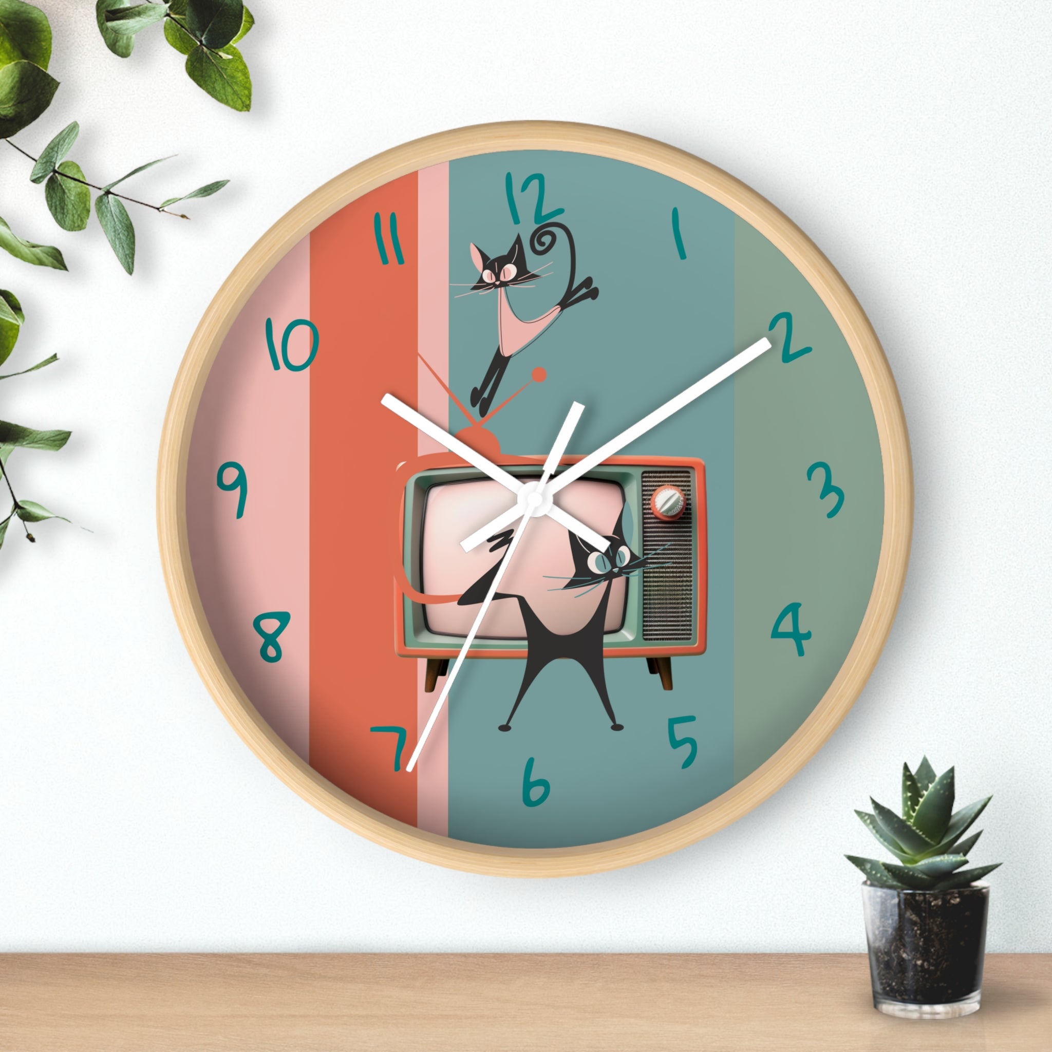 Atomic Cat Wall Clock, Mid Century Modern TV, Kitschy Black Cats, Whimsical Retro Cat Mom Gift For Bedroom, Livingroom, Kitchen