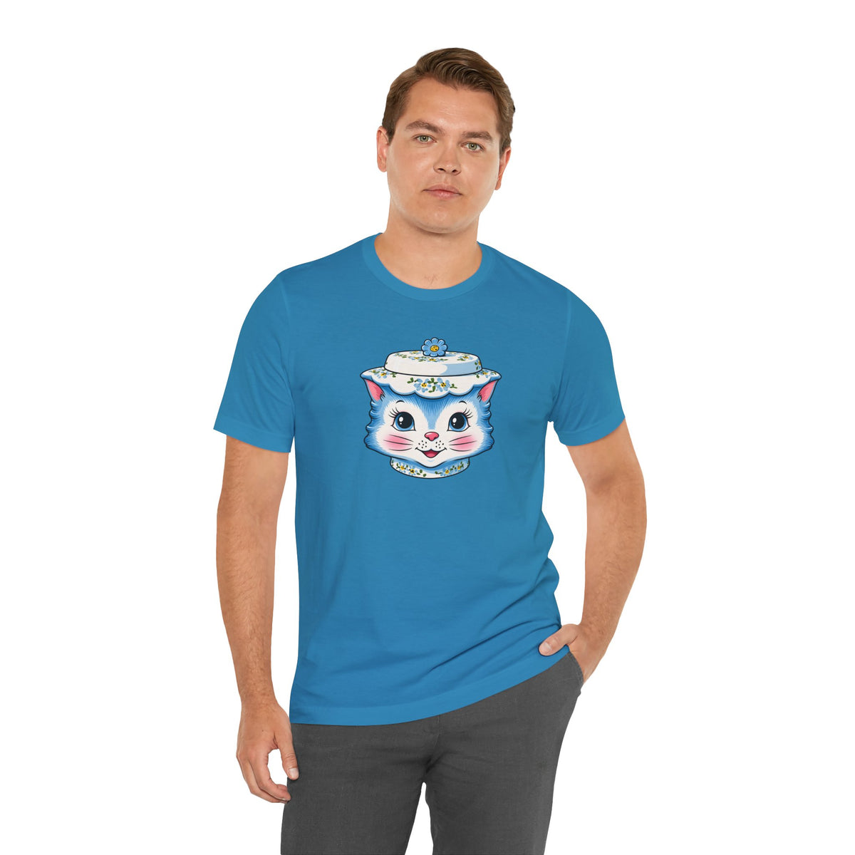 Mid Century Modern Kitschy Anthropomorphic Blue Cat with Floral Hat Unisex T-Shirt