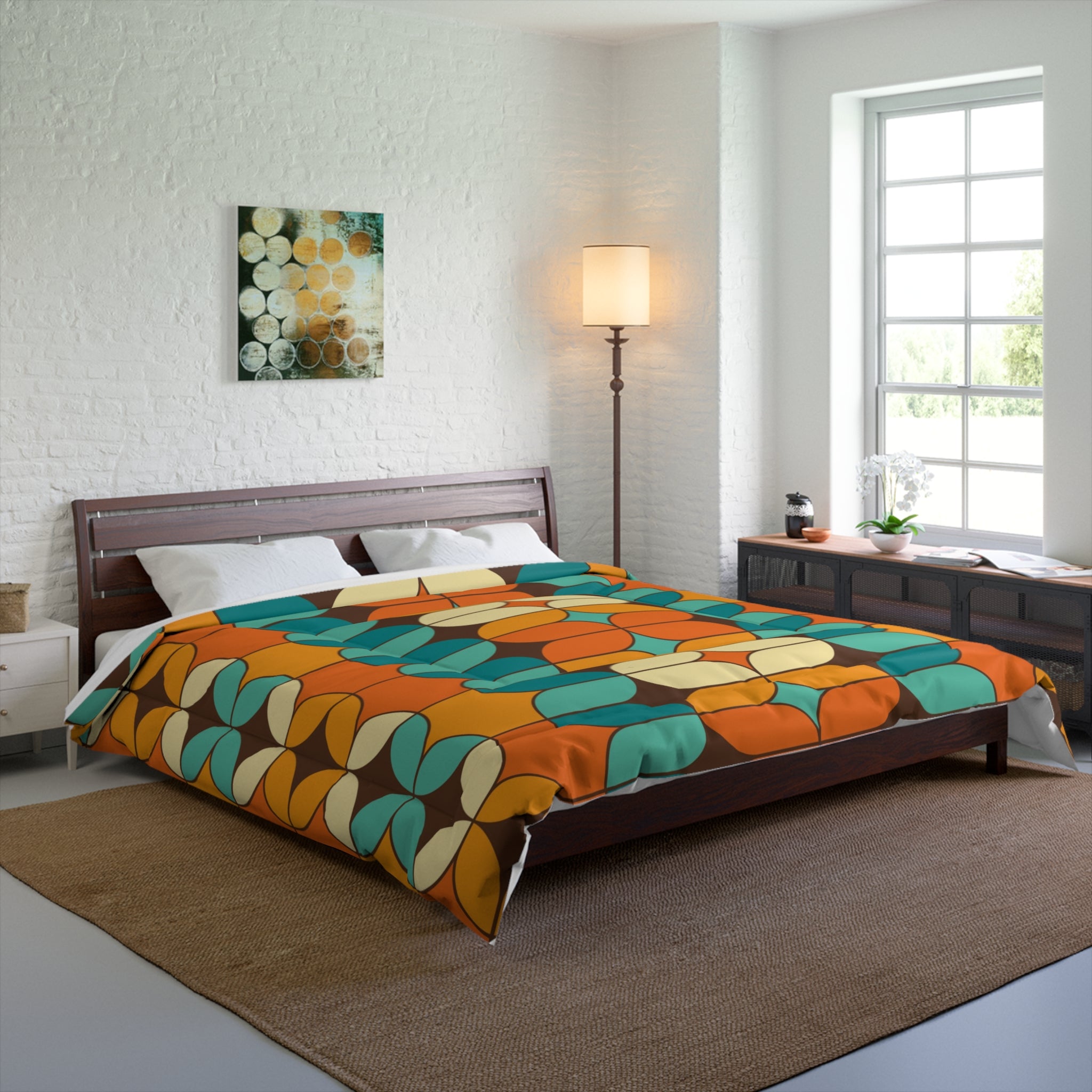 Mid Century Modern Bold And Beautiful Retro Orange, Chocolate Brown, Cream Teal Blue King Size Comforter - Mid Century Modern Gal