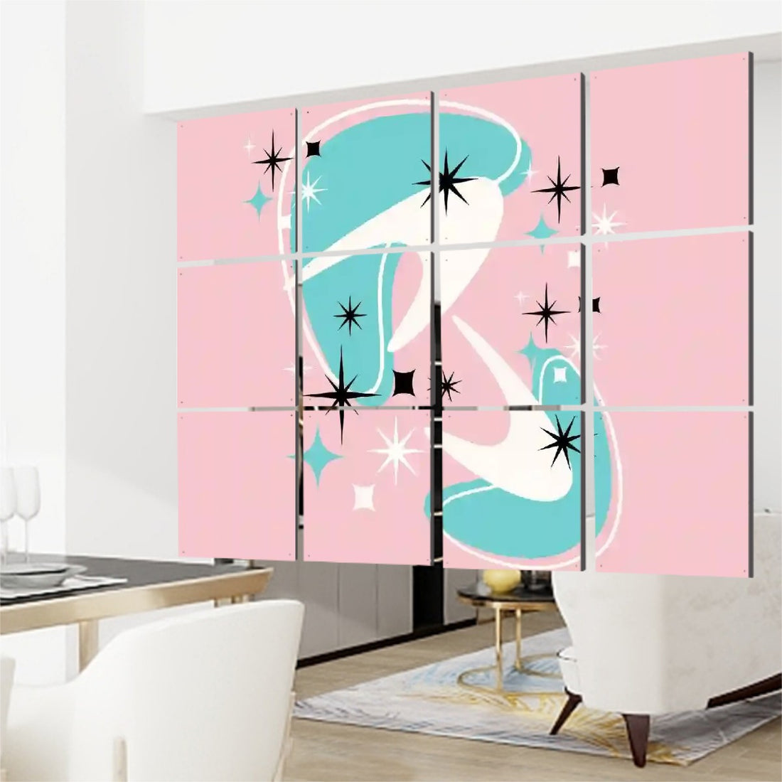 Mid Century Modern Atomic Pink, Aqua Boomerang Starburst Retro Hanging Room Divider 12 pcs