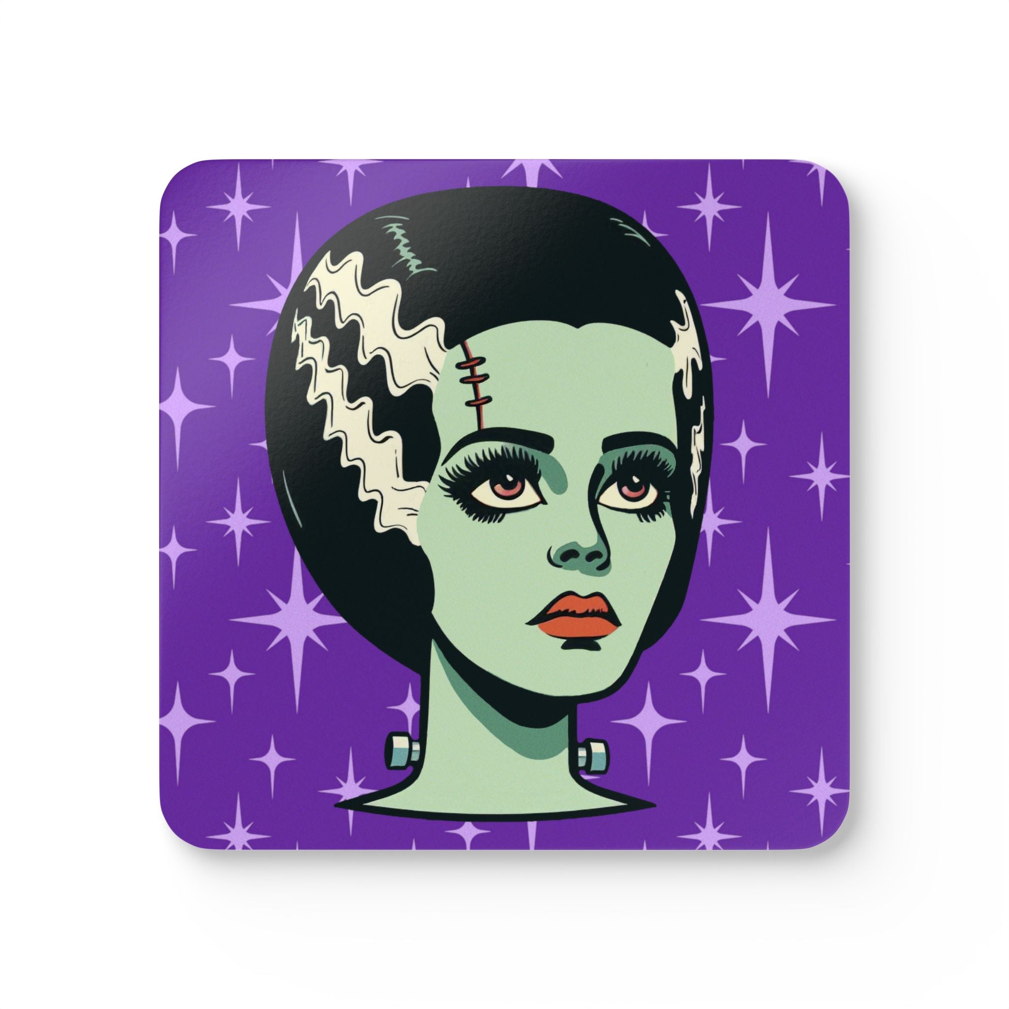 Bride of Frankenstein Retro Mid Mod Horror Buff Purple Halloween Corkwood Coaster Set - Mid Century Modern Gal