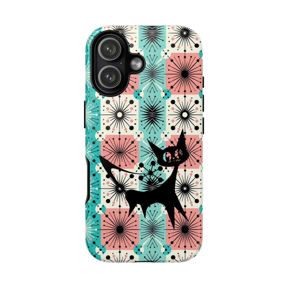Atomic Kitschy Cat, Mid Century Modern Pink, Aqua Starbursts Tough Phone Case