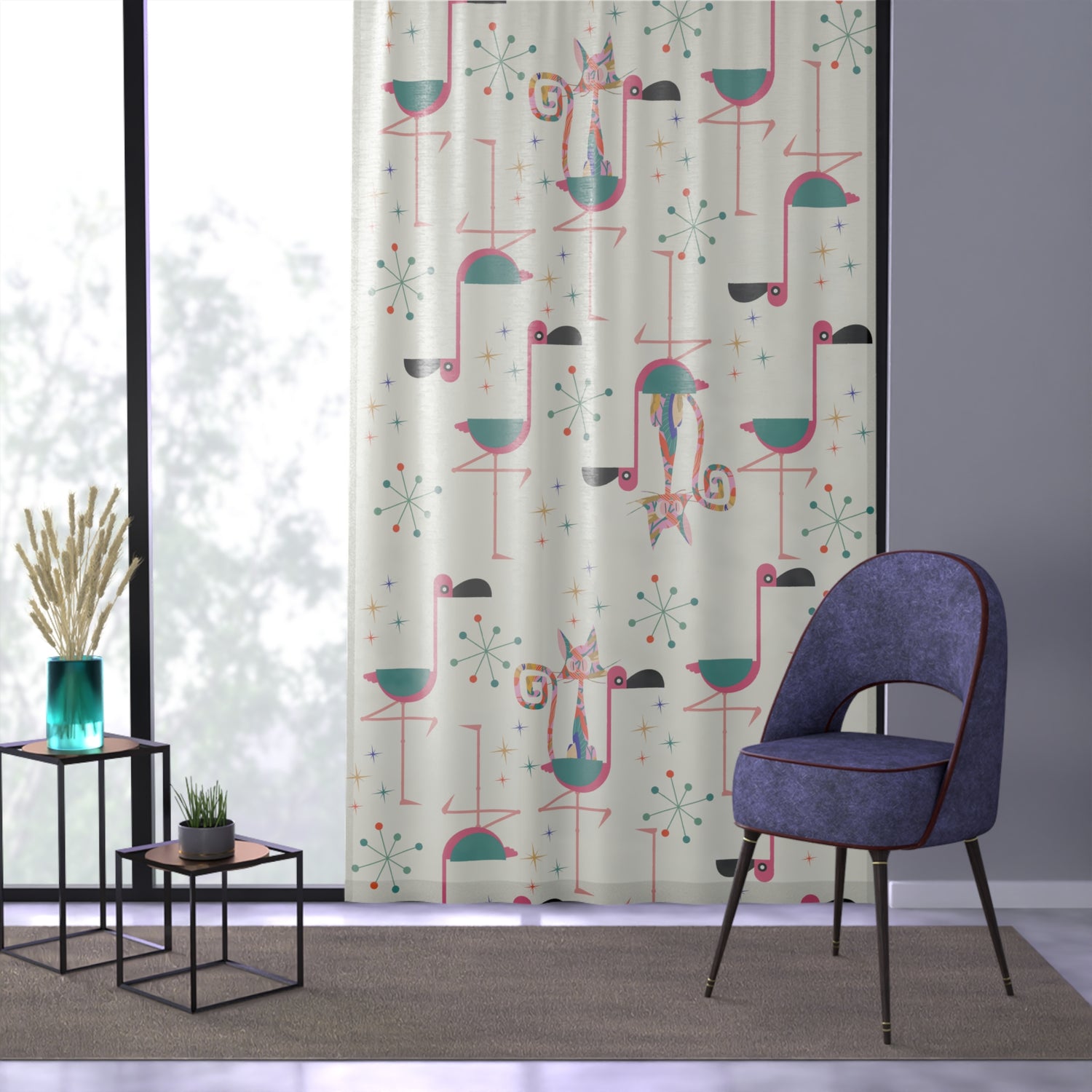 Flamingo Curtains, Palm Springs Cali Style, Quirky Kitschy Atomic Cat, Retro Sheer Window Curtain