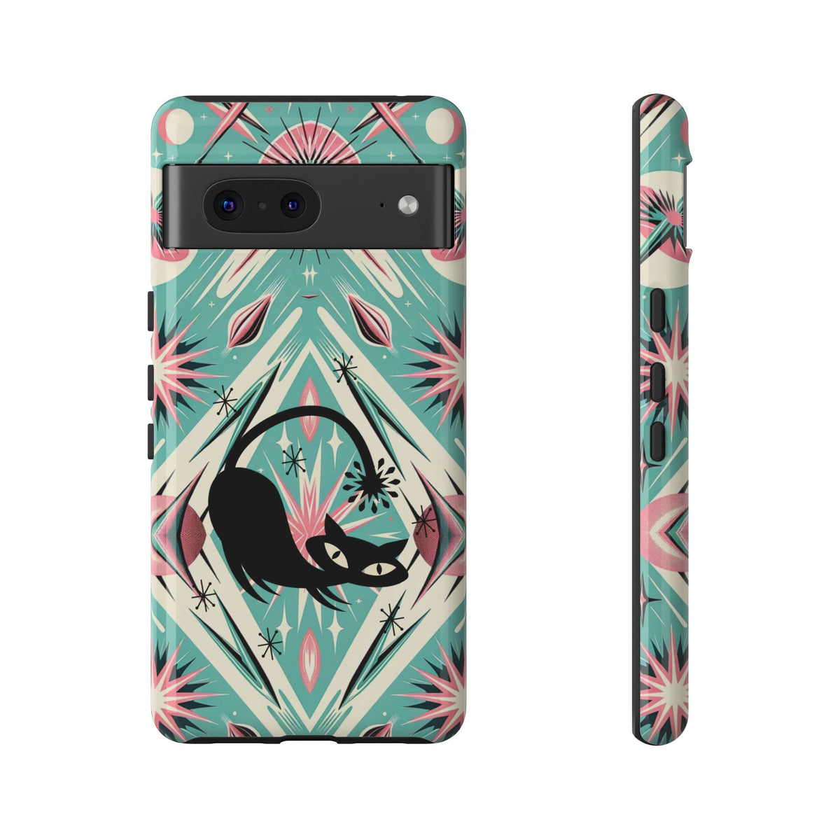 Atomic Cat, Mid Century Modern Aqua Blue, Pink, Starbursts Tough Phone Case