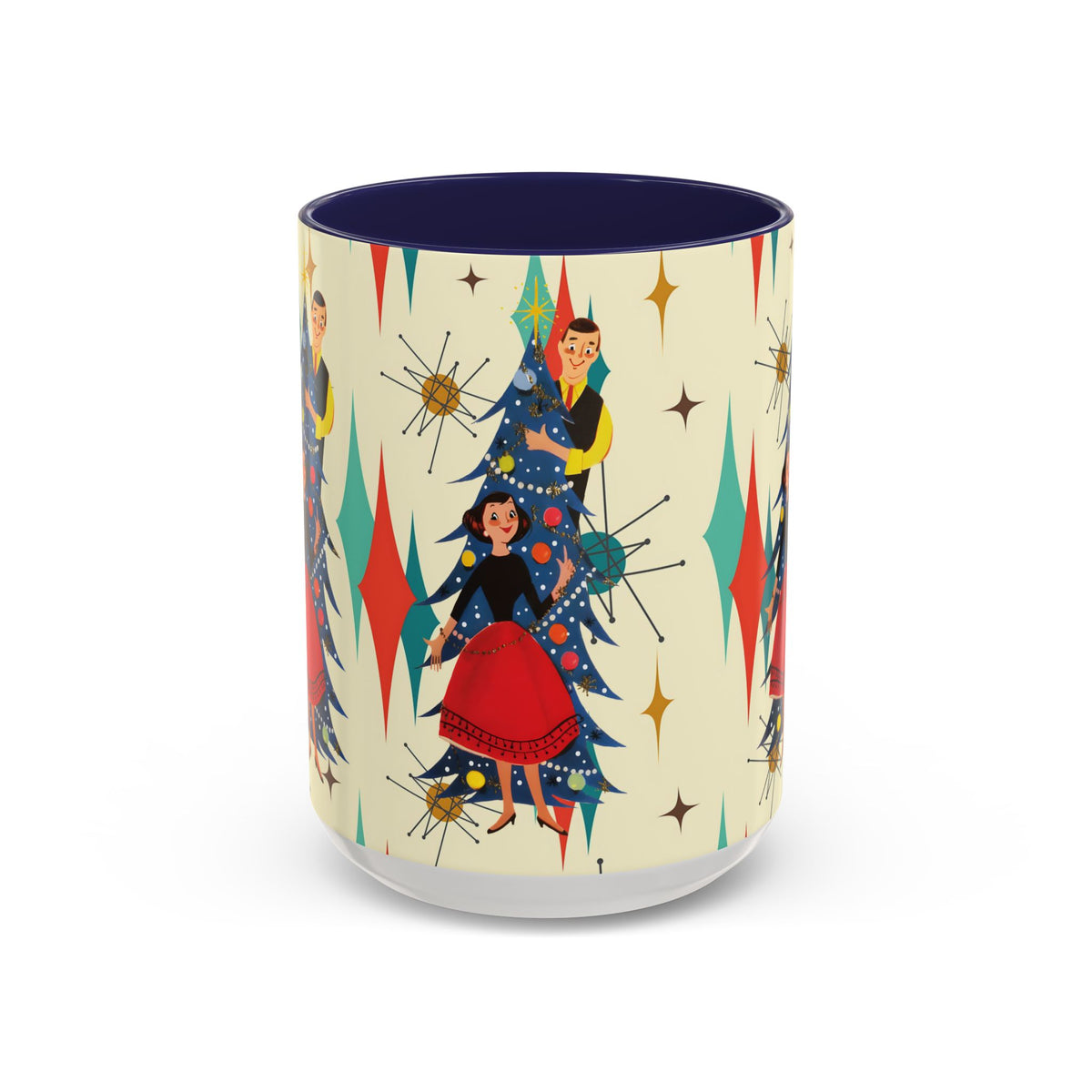 Mid Century Modern 50s Kitsch Christmas starburst coffee mug featuring retro holiday designs with festive characters and vibrant colors.