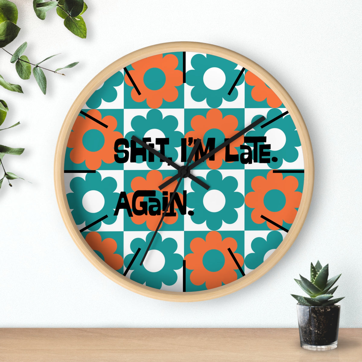 Retro Flower Clock, Funny I'm Late, Flower Power 70s Style Round Wall Clock - Mid Century Modern Gal