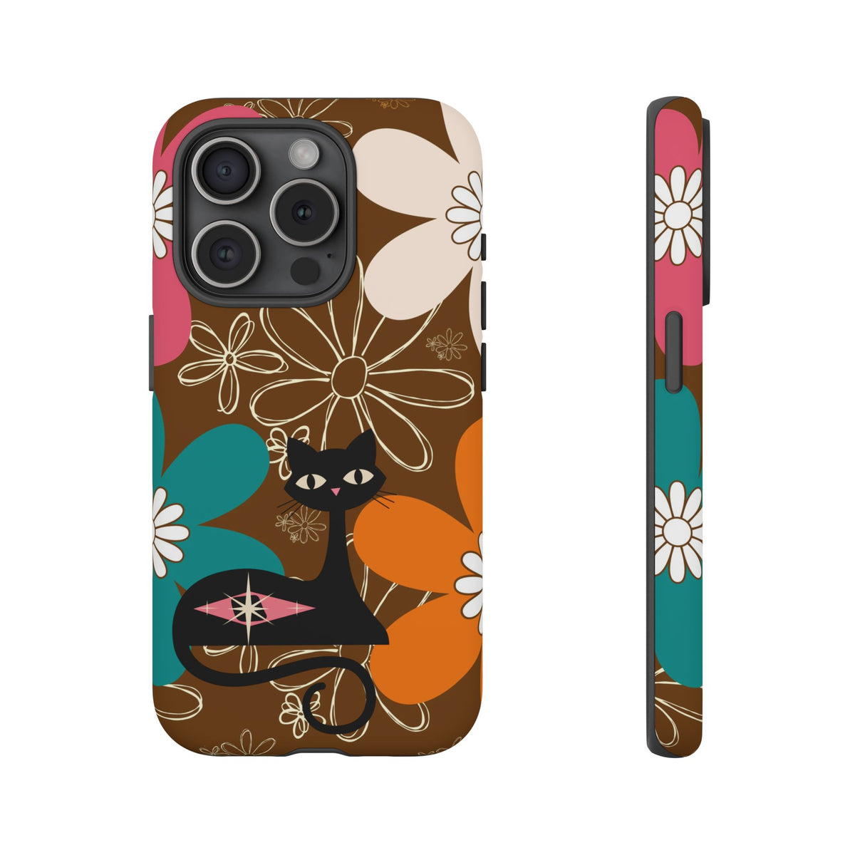 Atomic Cat Retro 70s Vibe Flower Power Tough Cases: Cute Floral and Cat Phone Case for Cat Lovers - Mid Century Modern Gal