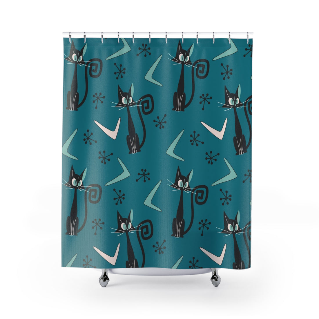 Atomic Cat, Teal Mid Century Modern Bathroom Shower Curtain - Mid Century Modern Gal