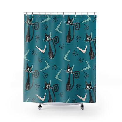 Atomic Cat, Teal Mid Century Modern Bathroom Shower Curtain