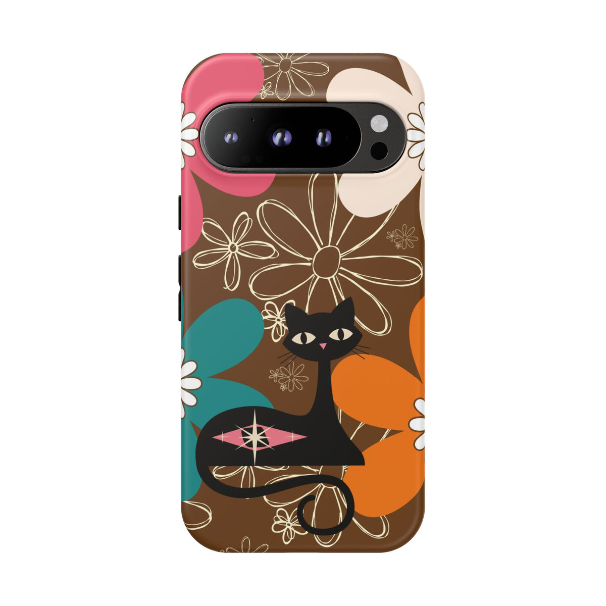 Atomic Cat Retro 70s Vibe Flower Power Tough Cases: Cute Floral and Cat Phone Case for Cat Lovers