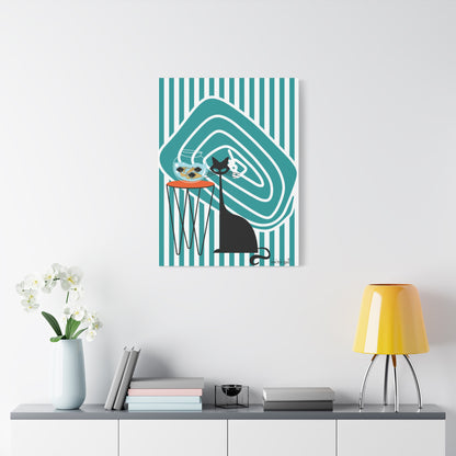 Atomic Fish Art, Mid Century Modern Striped, Teal Kitschy Cat Art - Mid Century Modern Gal