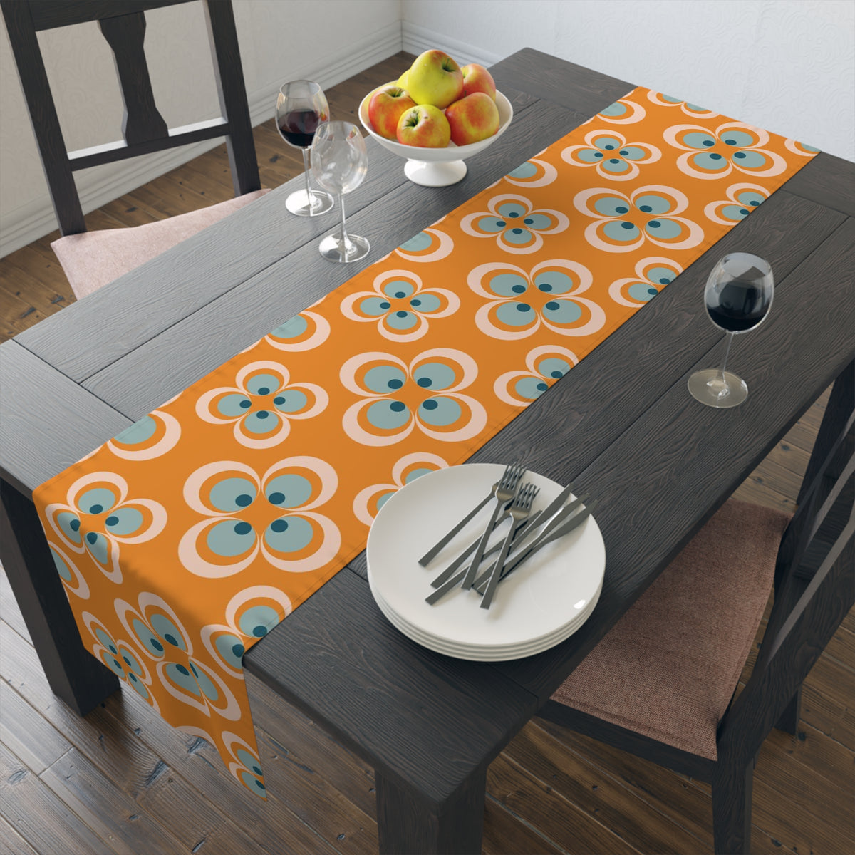 Mid Century Modern Table Runner, Retro Scandinavian Modern Danish Geometric Design, Orange, Blue Table Runner - Mid Century Modern Gal