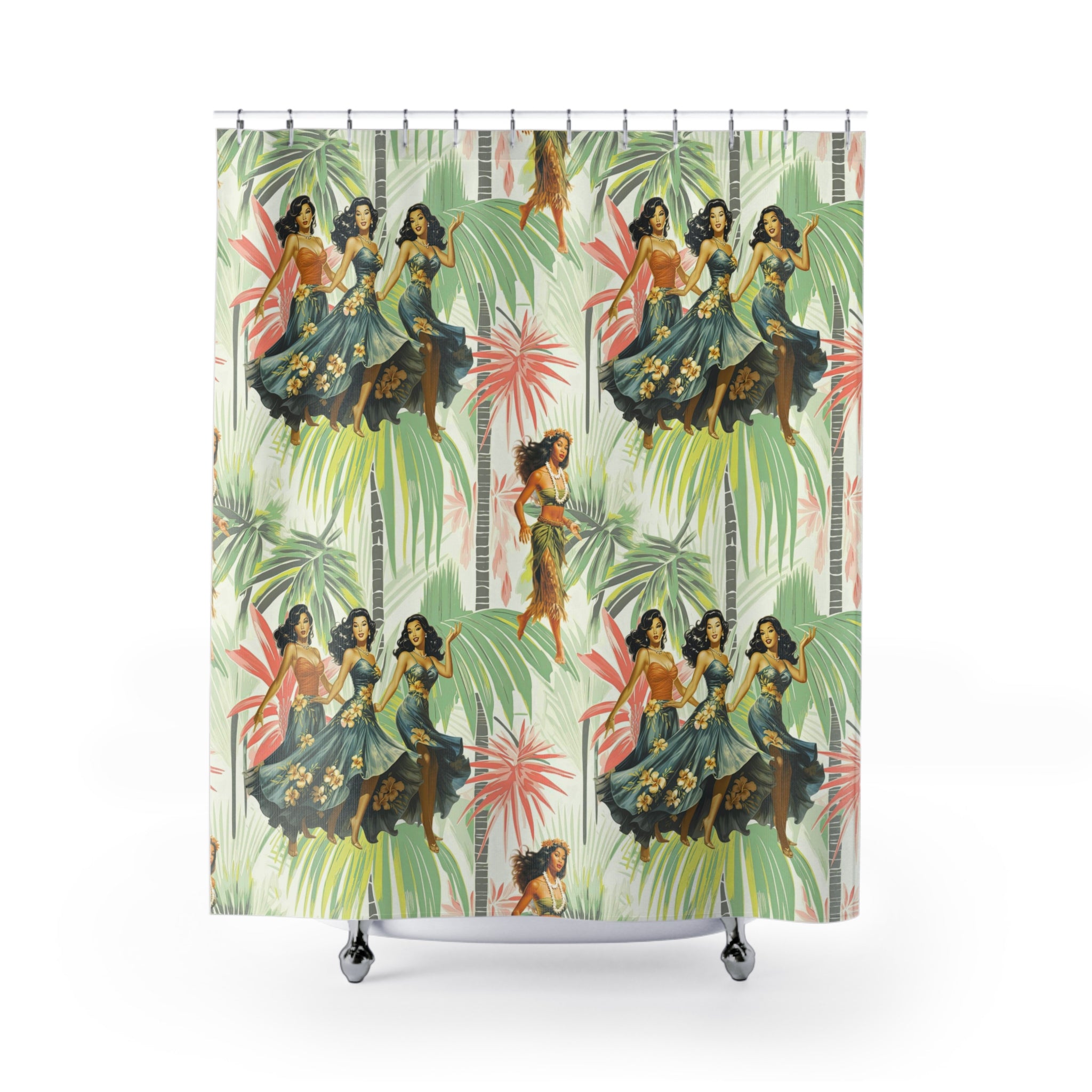 Vintage 1950’s, 60s Hawaiian Polynesian Dancers Mid Century Modern Style Shower Curtain - Mid Century Modern Gal