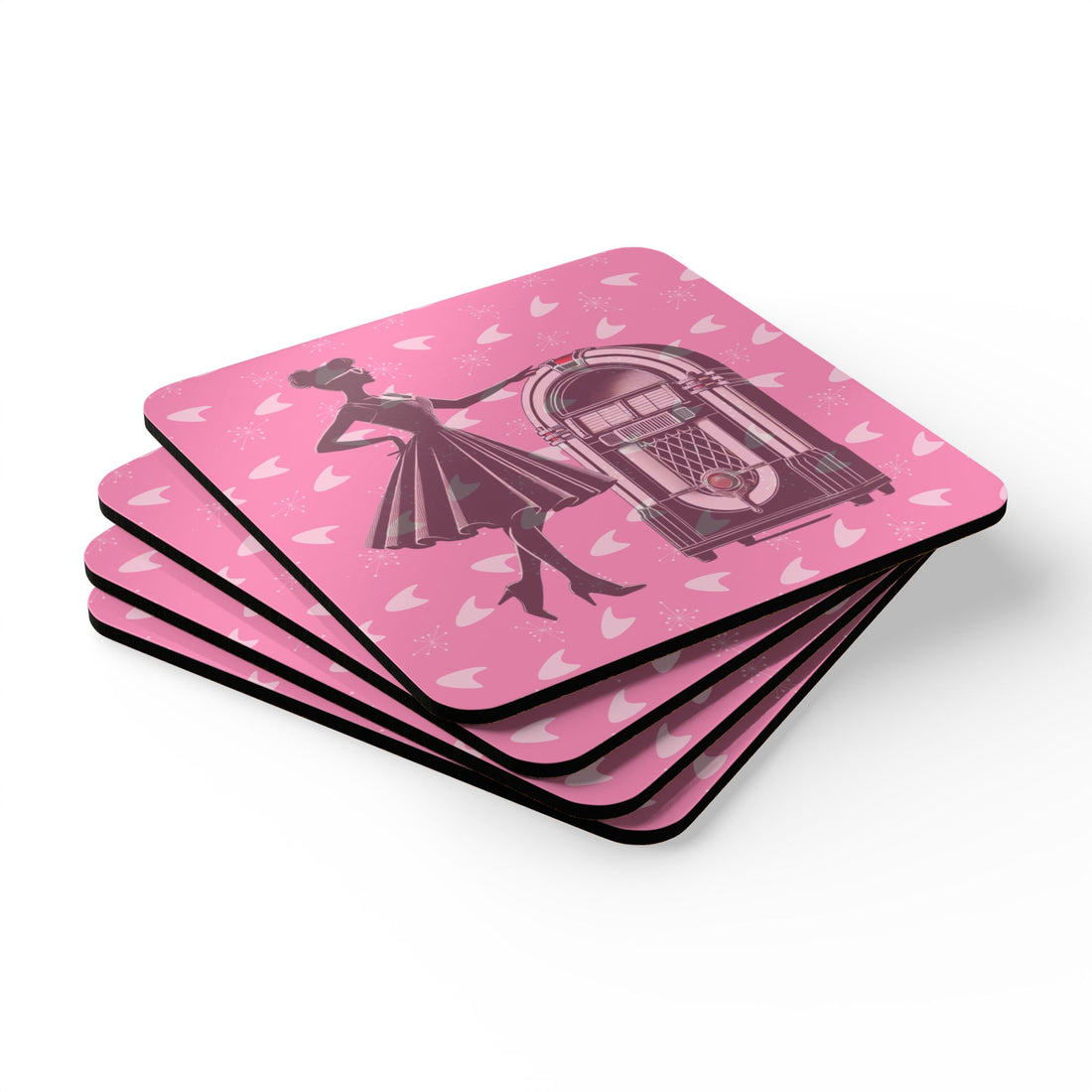 50s Diner, Pink Retro Jukebox Cork Coaster Set, Vintage Coasters, Bar Decor, Gift for Music Lovers - Mid Century Modern Gal