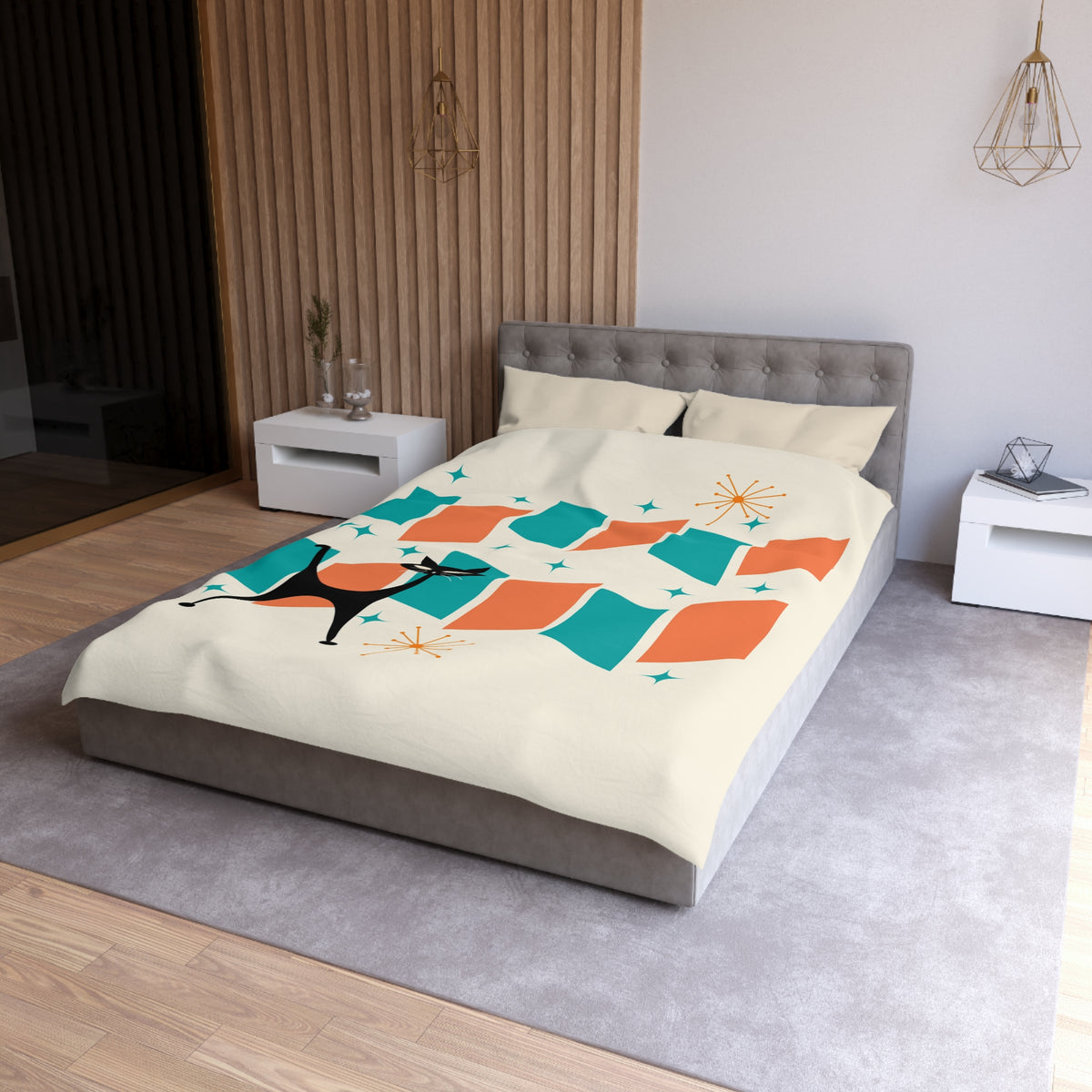 Mid Century Modern Orange, Teal, Retro Mod Duvet Cover With Atomic Cat Design - Mid Century Modern Gal