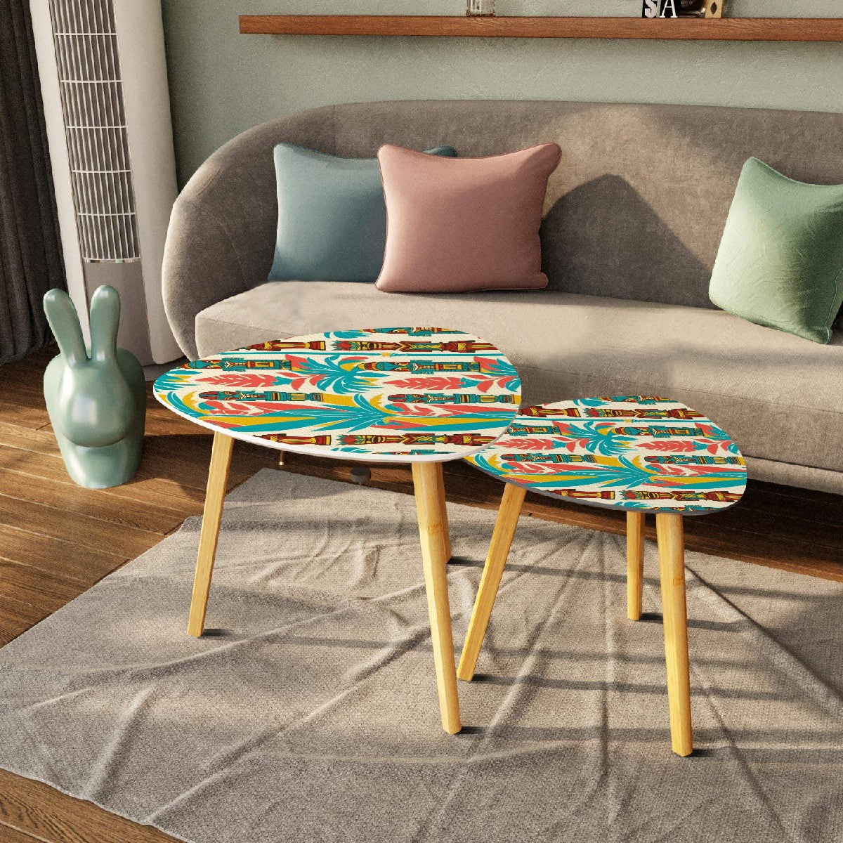 Mid Century Modern Tiki Tables, Coral, Aqua Tiki Idols Nesting Side Tables - Mid Century Modern Gal