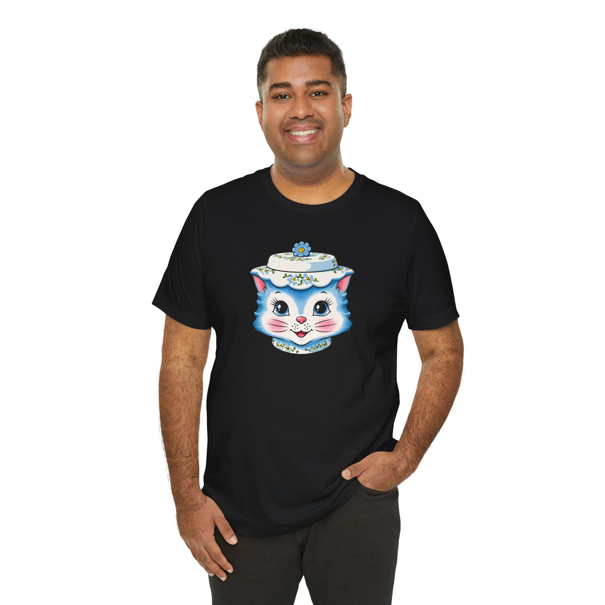 Mid Century Modern Kitschy Anthropomorphic Blue Cat with Floral Hat Unisex T-Shirt