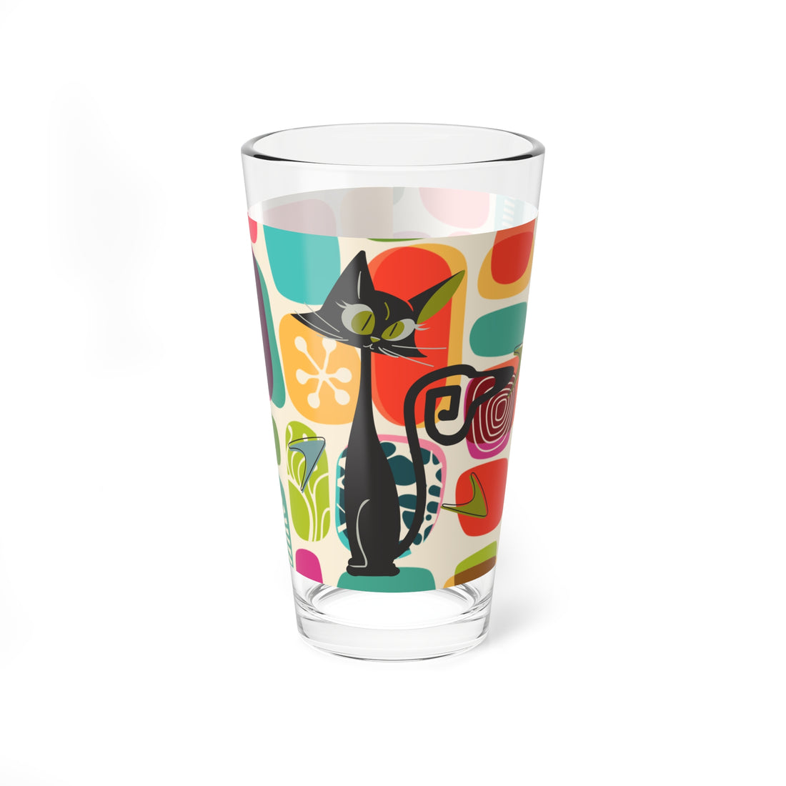 Mid Century Modern Barware, Amoeba Pattern, Green Eyed Kitschy Atomic Cat, Retro Drinking Glass