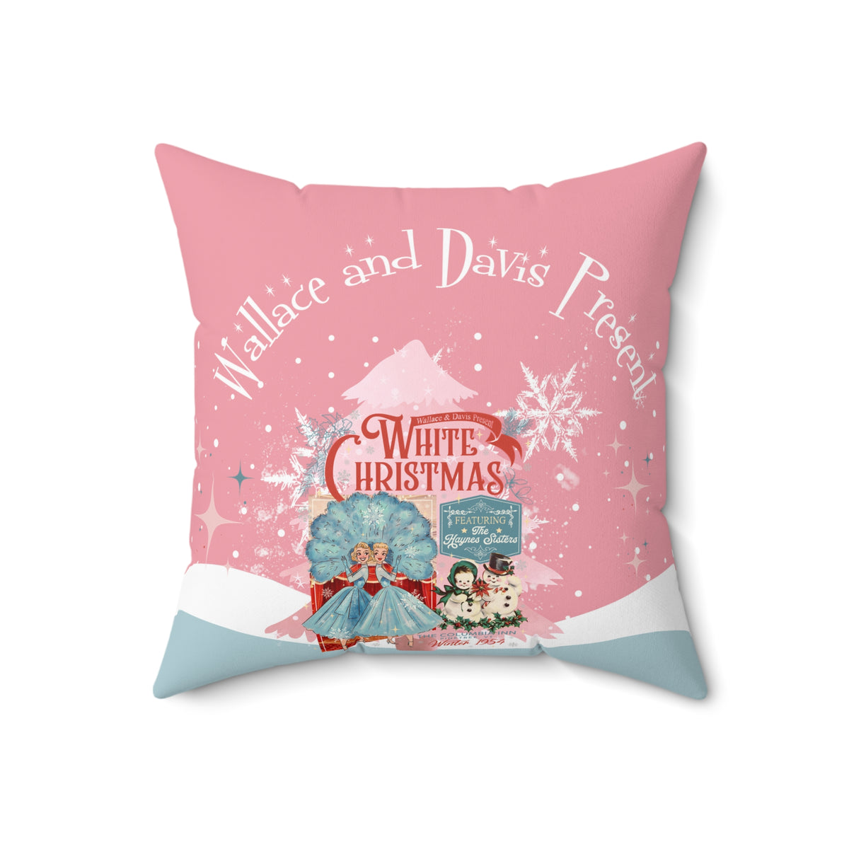 Sisters Sisters, Festive Christmas Square Pillow - 'Wallace and Davis's Present' Design - Mid Century Modern Gal