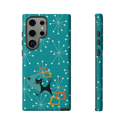 Atomic Space Cat, Starburst Blue, Retro Groovy Smart Phone Tough Phone Cases