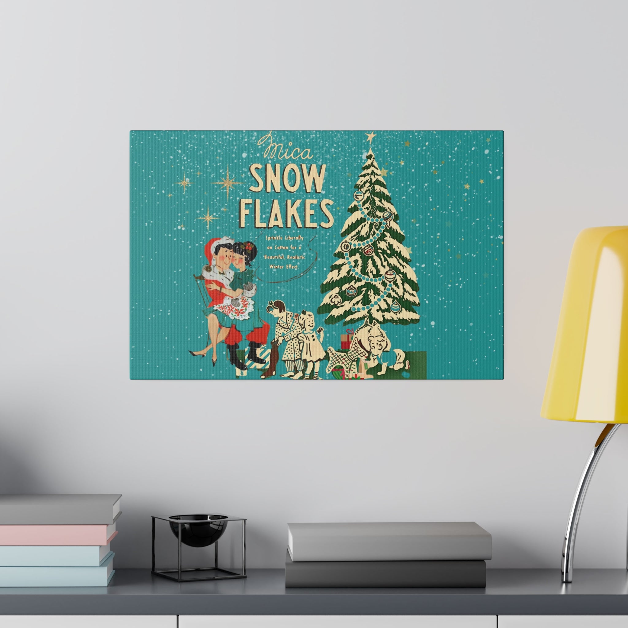 Mid Century Modern Kitschy Christmas Mantel Wall Art, Teal Blue, Mica Snow 50s Mod Couple Christmas Scene Canvas Art