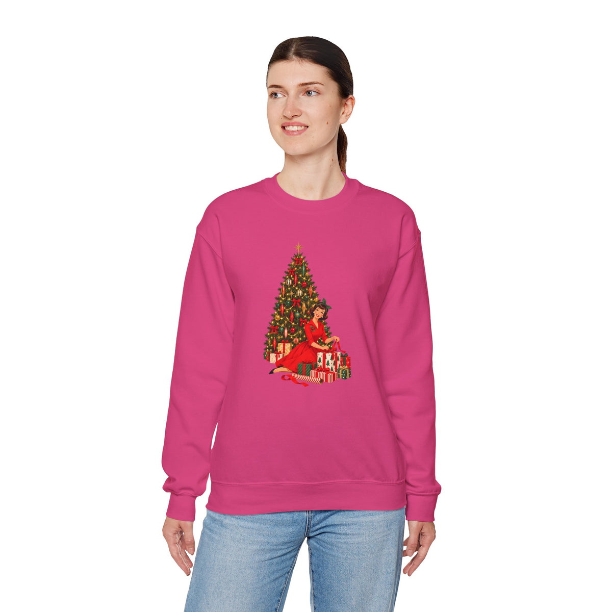 Mid Century Modern Christmas Glamour Gal Wrapping Presents by Tree Unisex Heavy Blend™ Crewneck Sweatshirt - Mid Century Modern Gal