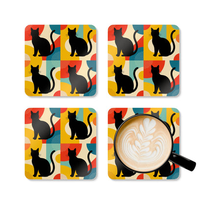 Pop Art Black Atomic Cats Corkwood Coaster Set - Mid Century Modern Gal
