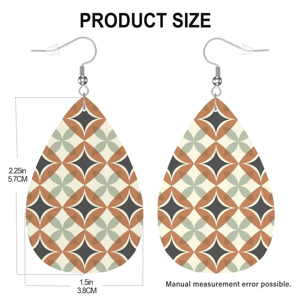 Mid Century Modern Interlocking Geometric, Terracotta Sage Charcoal Vegan Leather Teardrop Earrings - Mid Century Modern Gal