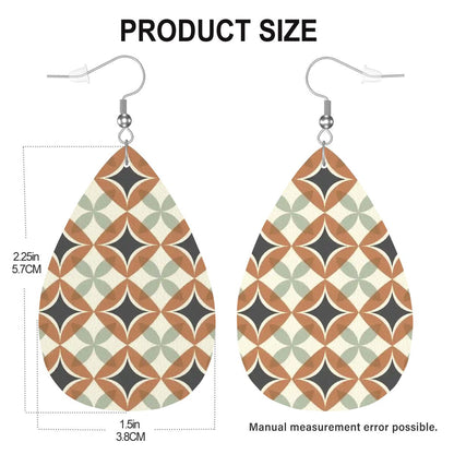 Mid Century Modern Interlocking Geometric, Terracotta Sage Charcoal Vegan Leather Teardrop Earrings - Mid Century Modern Gal
