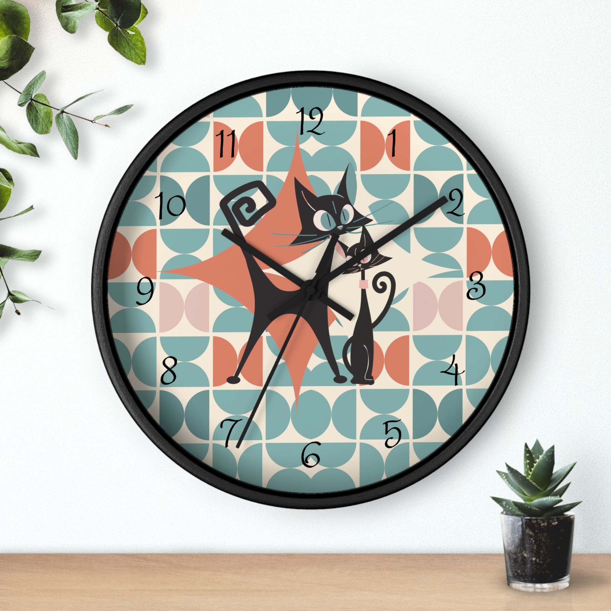 Kitchen Clock, Atomic Cat Retro Mid Century Modern Style With Scandinavian Designed Geometric Shapes, 50s Wall Clock For Cat Lovers