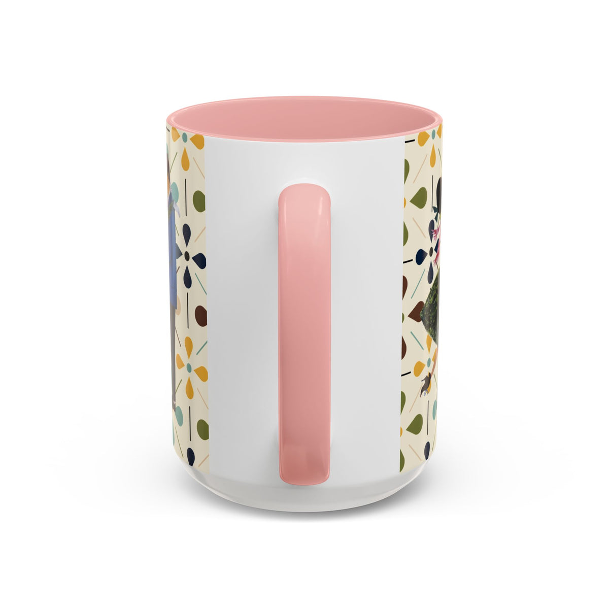 Mid Century Modern 50s Christmas mug featuring colorful Scandi flower patterns and a pink handle, perfect for festive drinks.