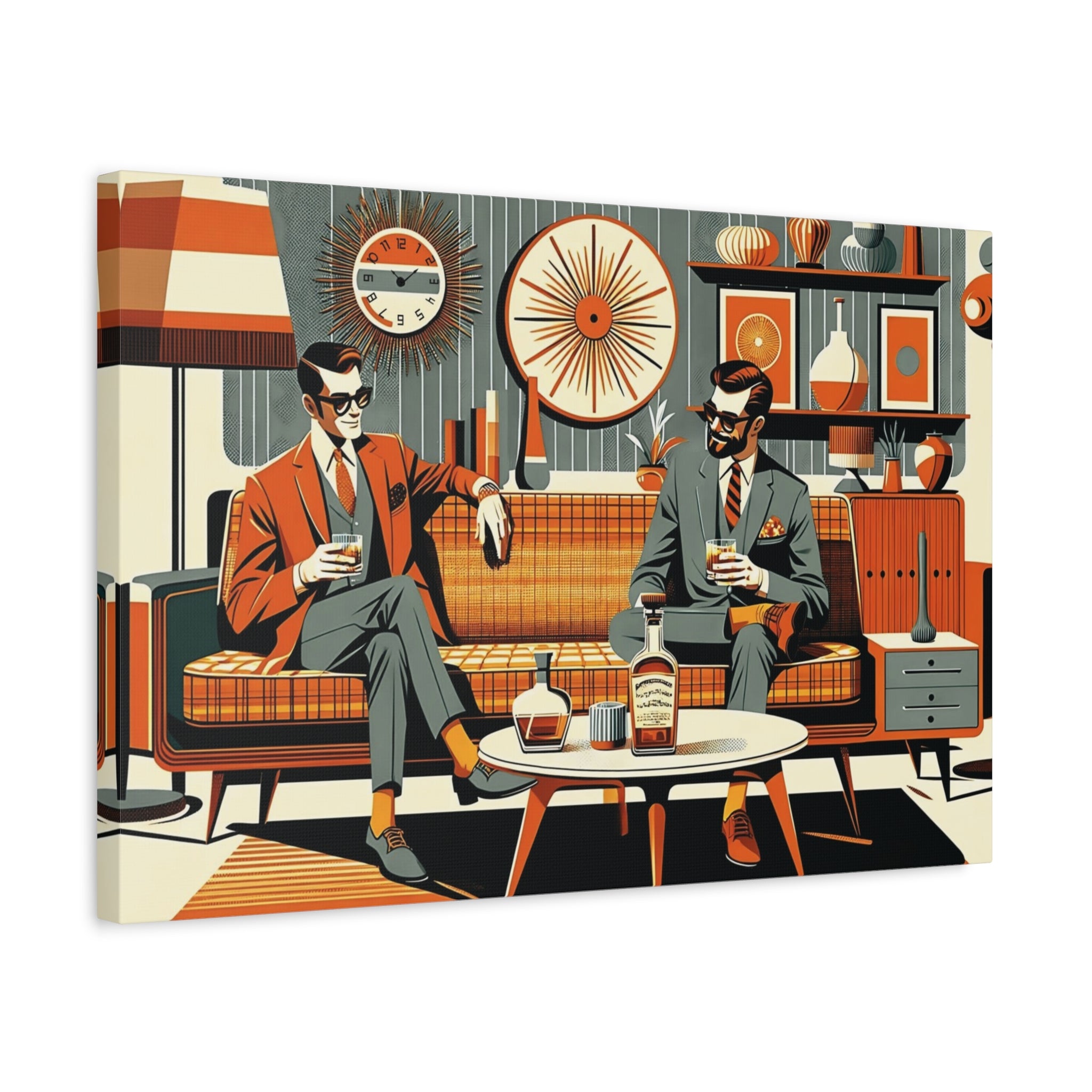 Mid Century Modern Mod Dude, Gay Male Couple Drinking Bourbon, MCM Art