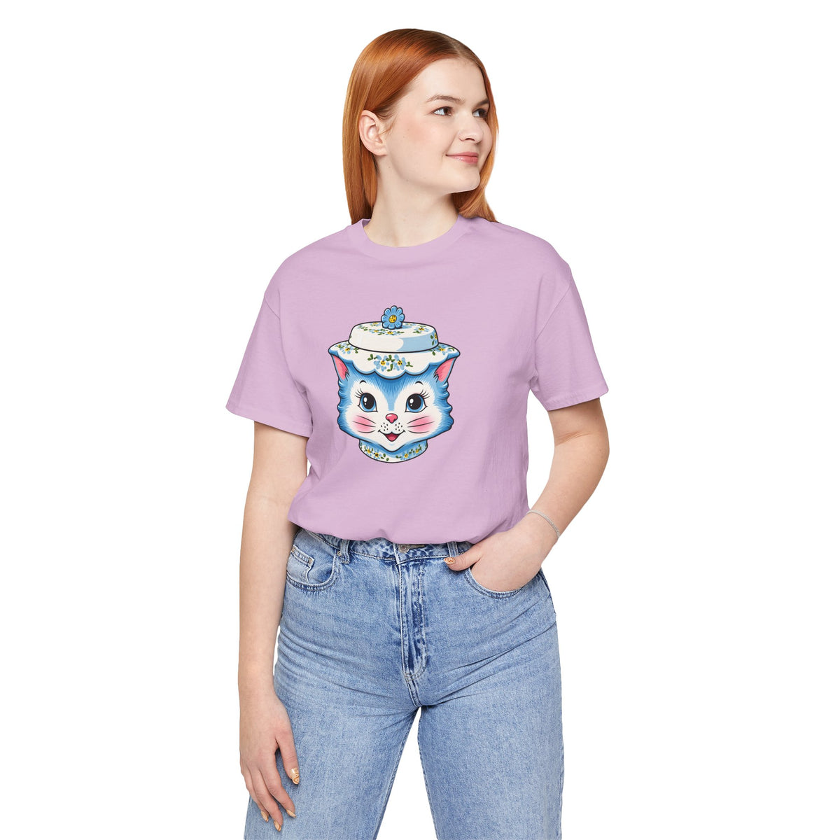 Mid Century Modern Kitschy Anthropomorphic Blue Cat with Floral Hat Unisex T-Shirt