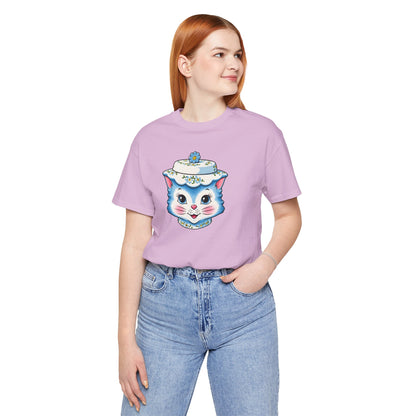 Mid Century Modern Kitschy Anthropomorphic Blue Cat with Floral Hat Unisex T-Shirt
