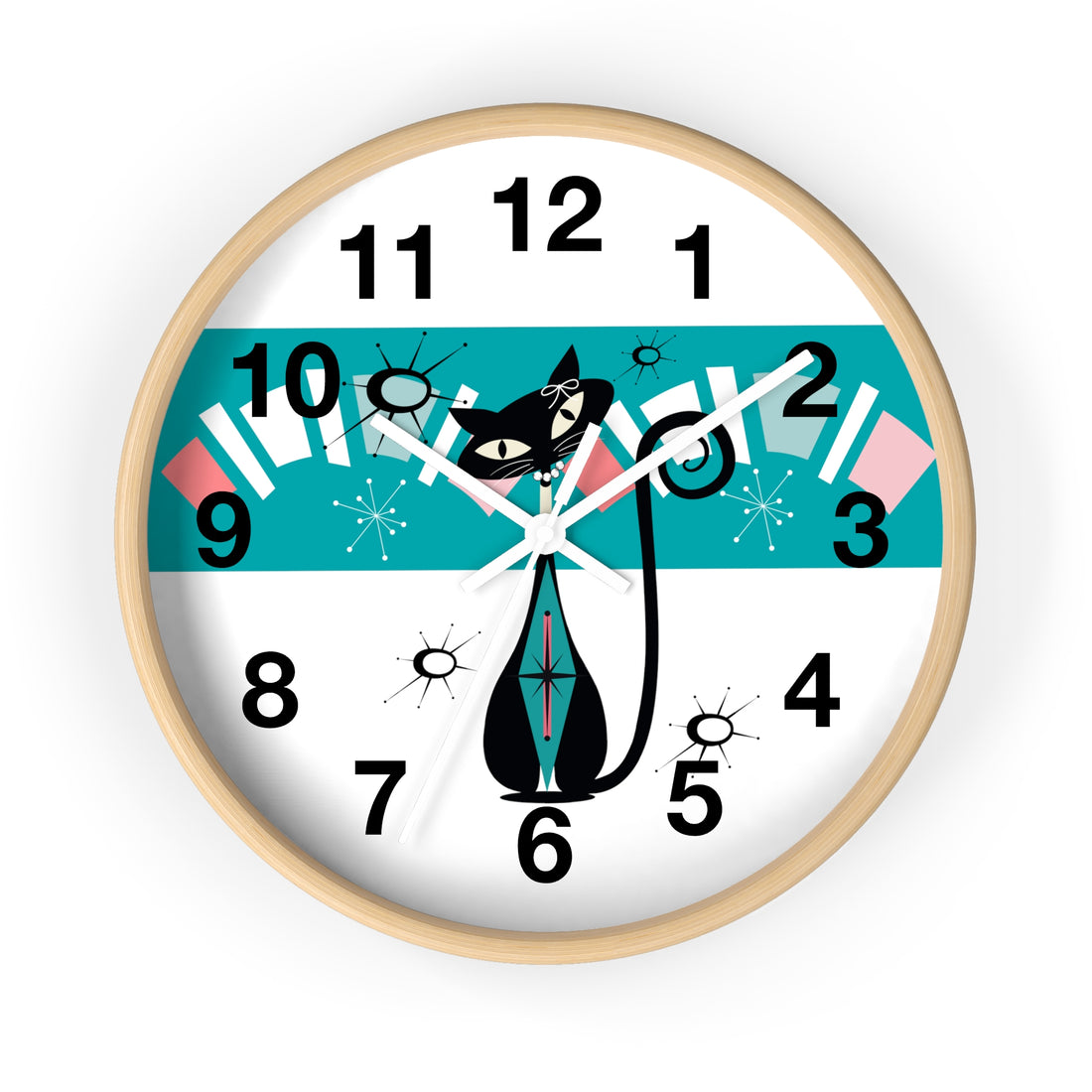 Atomic Cat, Kitschy Retro Mod Minimalist Kitchen, Office, Laundry Room Round Wall Clock - Mid Century Modern Gal