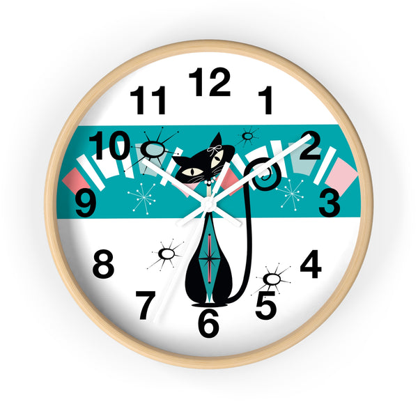 Atomic Cat, Kitschy Retro Mod Minimalist Kitchen, Office, Laundry Room Round Wall Clock