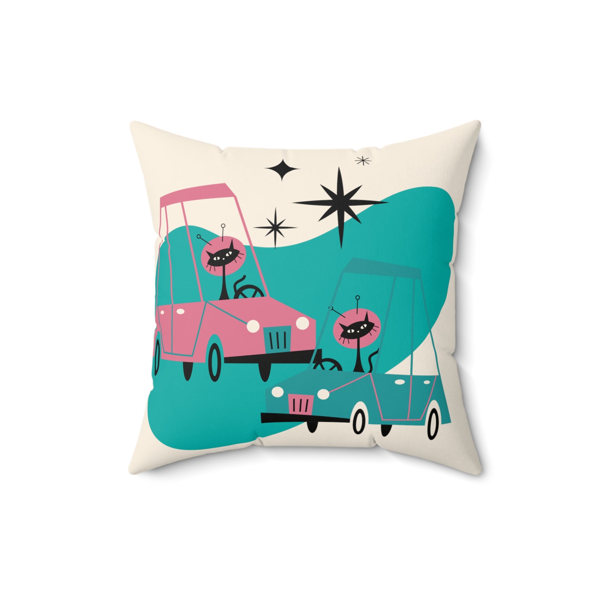 Atomic Space Cats, Beep Beep, Retro Cars, Space Kitties, Kitschy Fun Quirky Throw Pillow With Insert