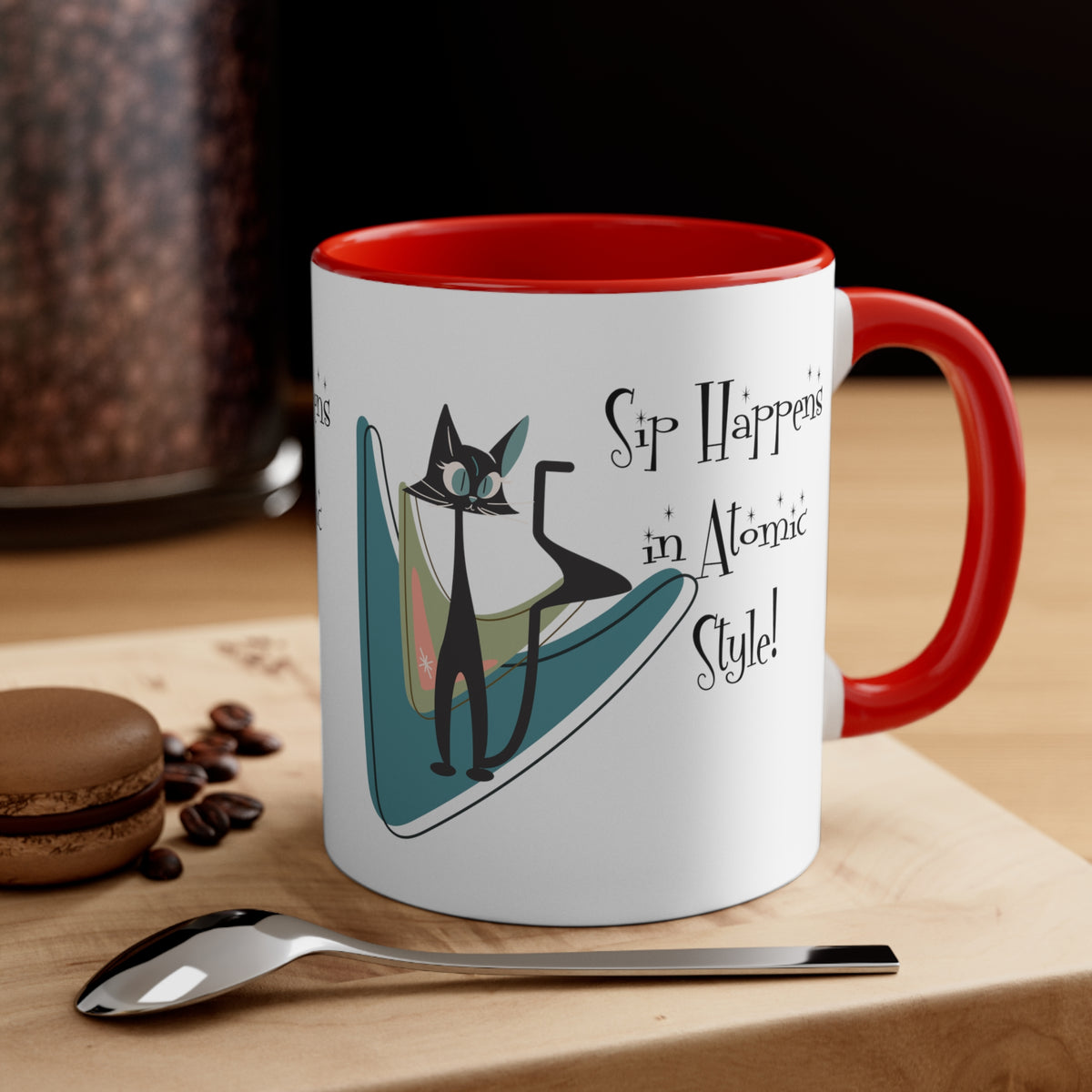 Atomic Cat, Mid Century Modern Drinkware, Coffee Mug, Sip Happens, Retro Boomerang, Kitschy Funny Coffee Lover Gifts - Mid Century Modern Gal