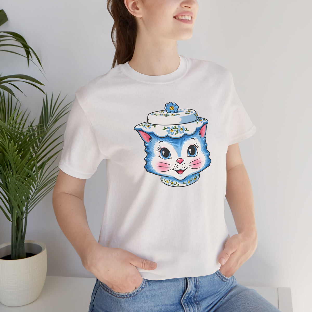 Mid Century Modern Kitschy Anthropomorphic Blue Cat with Floral Hat Unisex T-Shirt
