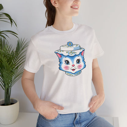 Mid Century Modern Kitschy Anthropomorphic Blue Cat with Floral Hat Unisex T-Shirt